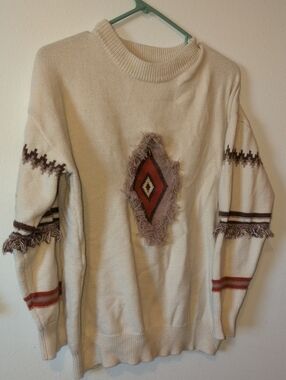 Cream Southwestern Fringe Crewneck Sweater